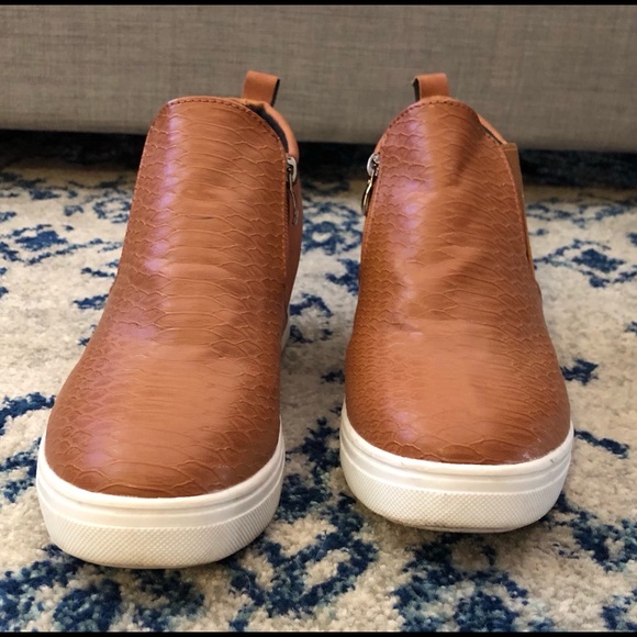 camel colored wedge sneakers